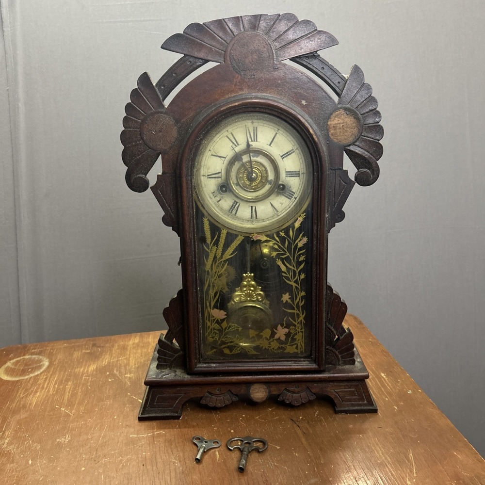 Antique Victorian Walnut Gingerbread Parlor Clock Open Escapement Alarm 1880s